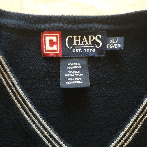 Chaps Men's Sweater Navy W/White Stripe Accent Logo V Neck Sweater Sz XL - Picture 1 of 10
